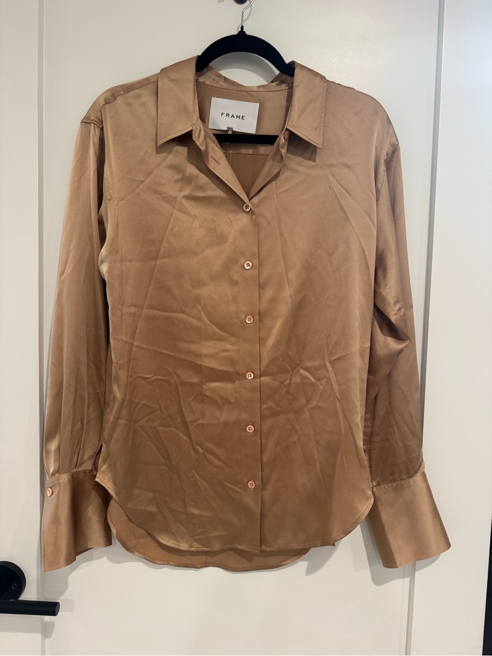 FRAME Satin Button-Up Blouse in Camel